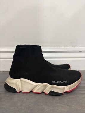 Balenciaga Black Knit Sock Sneakers with Beige Sole and Pink Trim